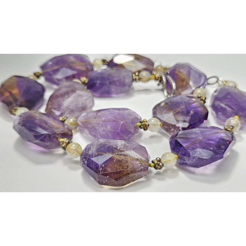 Natural Faceted Ametrine Amethyst Citrine Necklace Sterling Silver Statement 24" - Picture 14 of 17